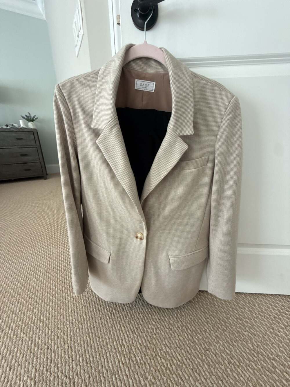 Sage The Label Beige Houndstooth Single Button Blazer